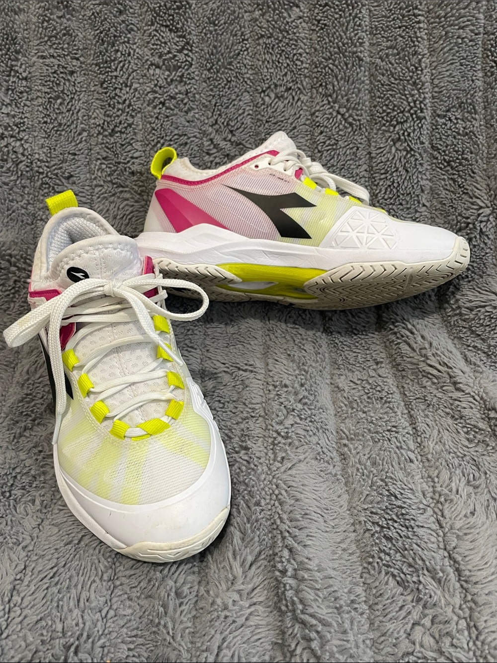 Diadora Women's White Neon Yellow Pink Athletic Tennis Shoes